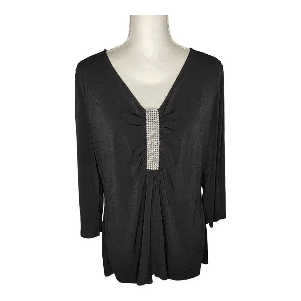 Alfani Women’s Large Jewel Embellished Black V-Neck‎ Blouse